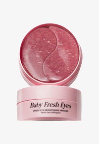 Roze ronde pot met een roze deksel, bevat twee golvende onder-oog patches. Patches hebben een glanzende textuur met een subtiele glans.