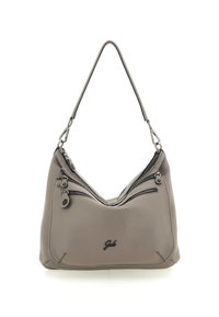 Borsa a tracolla in pelle grigia con forma curva, dotata di due cerniere superiori e una sola tracolla. Logo impresso sul davanti.