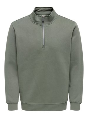 Green quarter-zip pullover sweatshirt with ribbed cuffs and hem, displayed on a white background.