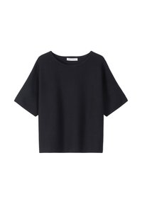 Zwart T-shirt met korte mouwen en een ronde halslijn, gemaakt van zachte stof. Heeft een ontspannen pasvorm en een minimalistisch ontwerp. Geen opvallende accenten.