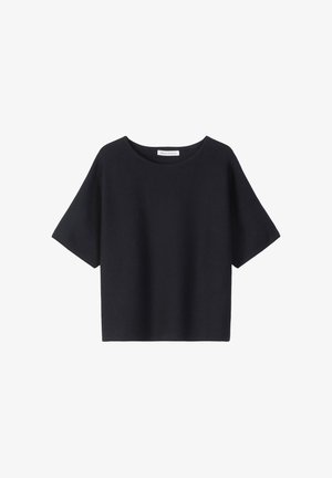 Schwarzes kurzärmliges Oberteil mit rundem Ausschnitt, aus weichem Stoff gefertigt. Hat eine lockere Passform und ein minimalistisches Design. Keine auffälligen Akzente.