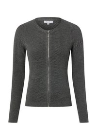 Gebreid grijs vest met een ronde hals en een volledige ritssluiting. Voorzien van een gestructureerde stof en aansluitende lange mouwen. Geribde zoom en manchetten.