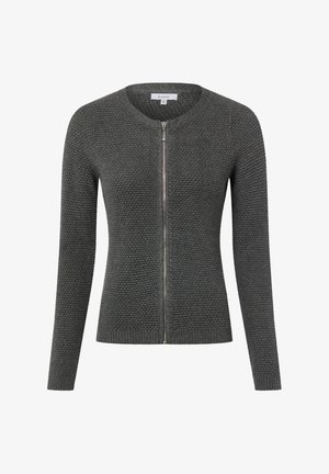 Gebreid grijs vest met een ronde hals en een volledige ritssluiting. Voorzien van een gestructureerde stof en aansluitende lange mouwen. Geribde zoom en manchetten.