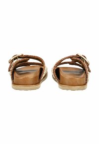 Brown leather sandals with braided straps, gold buckle detail, wooden insoles, and textured rubber soles. Back view on a white background.