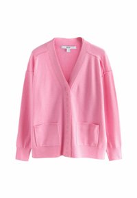 Cardigan rosa realizzato in morbido materiale lavorato a maglia, con scollatura a V, maniche lunghe, due tasche frontali e una fila di bottoni al centro.