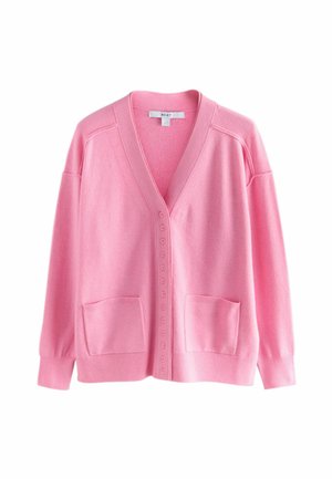 Rosa Strickjacke aus weichem Strickmaterial, mit V-Ausschnitt, langen Ärmeln, zwei Vorder- Tasche und einer Reihe von Knöpfen in der Mitte.