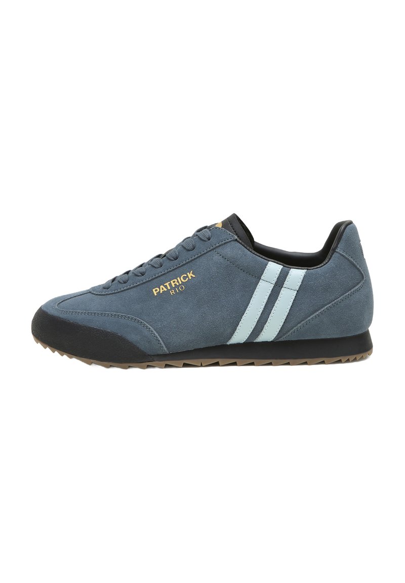 Blue suede sneaker with black rubber sole, featuring light blue stripes and gold "PATRICK RIO" branding on the side. Lace-up design.