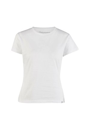 White cotton T-shirt with a crew neckline and short sleeves. Features a subtle logo at the hem and a smooth, lightweight texture.