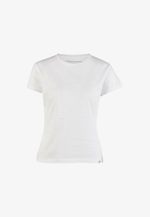 Weißes Baumwoll-T-Shirt mit Rundhalsausschnitt und kurzen Ärmeln. Verfügt über ein dezentes Logo am Saum und eine glatte, leichte Textur.