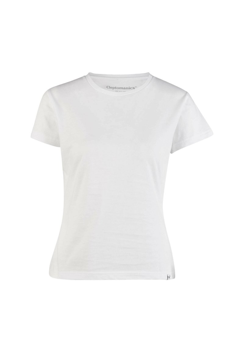White cotton T-shirt with a crew neckline and short sleeves. Features a subtle logo at the hem and a smooth, lightweight texture.