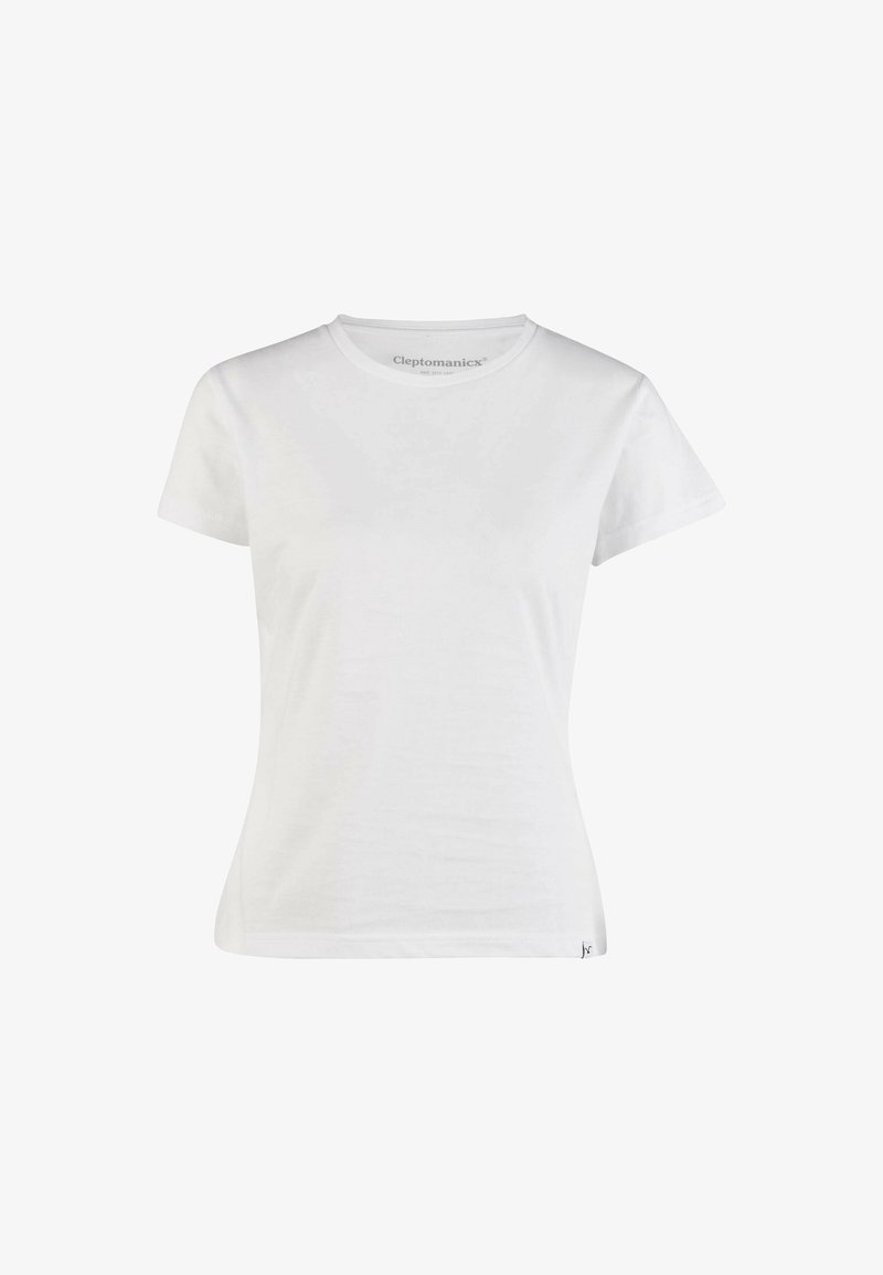 White cotton T-shirt with a crew neckline and short sleeves. Features a subtle logo at the hem and a smooth, lightweight texture.
