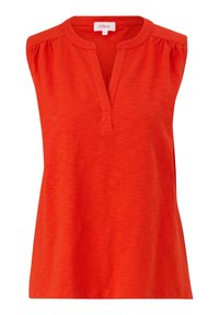 Červený bezrukávový top z lehkého materiálu, s výstřihem do V, s nařasením na ramenou a volným střihem. Hladký povrch a jednobarevnost.