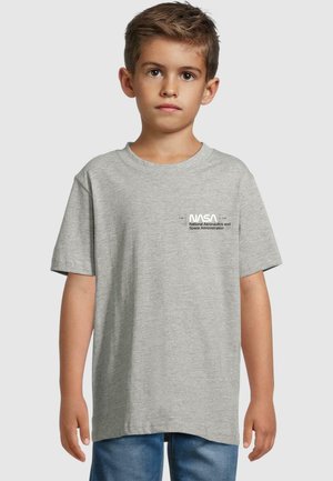 Gray cotton t-shirt featuring a printed NASA logo and text on the left chest. Short sleeves, crew neck, and relaxed fit.