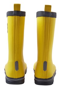 Bottes de pluie en caoutchouc jaunes avec une finition lisse, des poignets texturés noirs, des languettes de traction et des accents réfléchissants à l'arrière et sur les côtés.