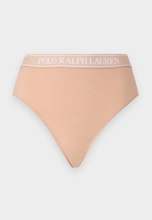 Beige hochgeschnittene Unterhose mit glatter Textur, ausgestattet mit einem weißen elastischen Bund mit Markenlogo und nahtlosem Design für maximalen Komfort.
