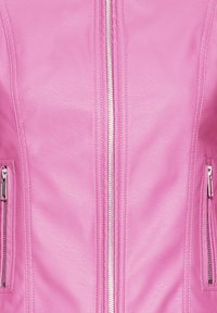 Pink faux leather jacket with a front zipper, featuring two side zippered pockets and smooth, matte texture.