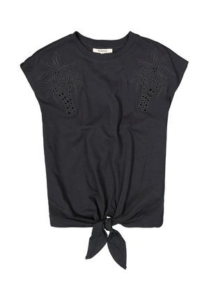 T-shirt noir à coupe ample, manches courtes et détail nœud à l'avant. Présente des motifs floraux brodés sur les épaules.