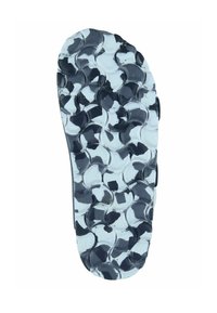 Sole of a shoe featuring a dark blue and white textured pattern with circular indents, designed for grip and stability.