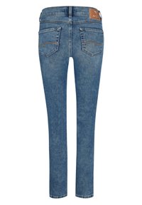 Jeans in denim blu snodato con vita media, design a cinque tasche e cuciture a contrasto. Sul retro presenta due tasche angolate.