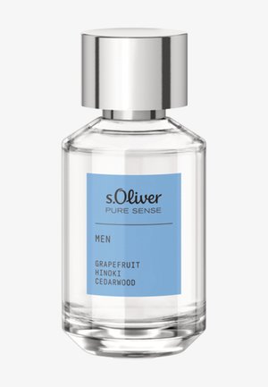 Flacon du parfum Pure Sense pour hommes de s.Oliver avec des notes de pamplemousse, hinoki et bois de cèdre, en verre transparent, avec un bouchon argenté.