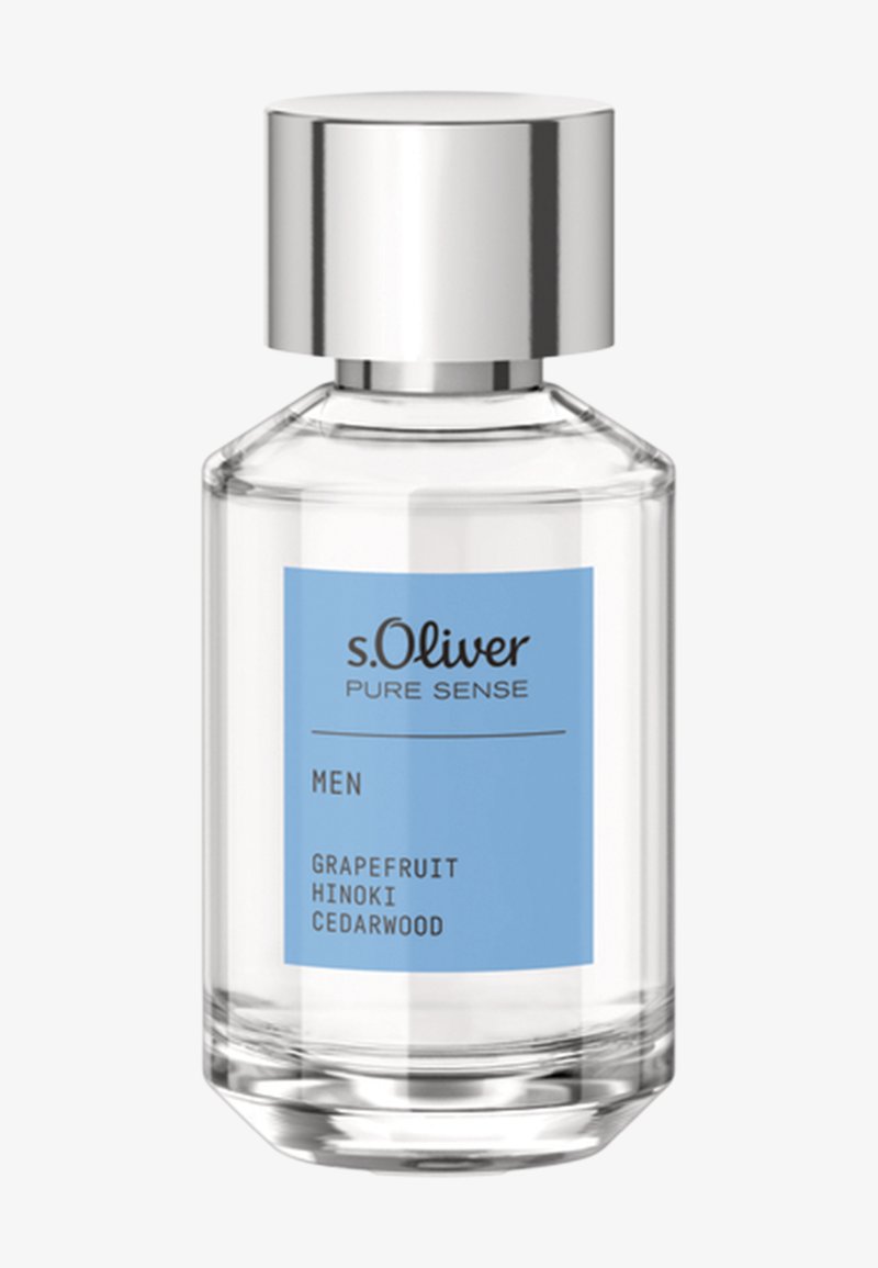 Bottiglia di profumo s.Oliver Pure Sense da uomo con note di pompelmo, hinoki e legno di cedro, vetro trasparente e tappo argento.