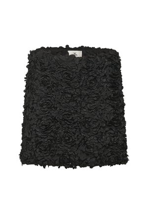 Falda negra con un diseño floral hecha de tela en capas y texturizada. Presenta formas de rosas tridimensionales que crean un aspecto distintivo.