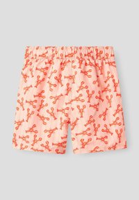 Shorts de bain imprimés de homards en rose pâle. Taille élastique, tissu léger, avec des homards rouges vibrants et de subtiles rayures verticales.