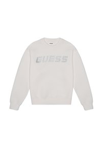 Biała bluza z miękkiego materiału z teksturowanym logo "GUESS" выполненным z cyrkonii na klatce piersiowej. Długie rękawy z prążkowanymi mankietami.