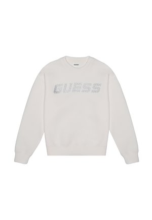 Vit sweatshirt i mjukt tyg med en texturerad "GUESS"-logotyp i rhinestones över bröstet. Långa ärmar med ribbade sidsömmar.
