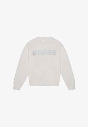 Biała bluza z miękkiego materiału z teksturowanym logo "GUESS" выполненным z cyrkonii na klatce piersiowej. Długie rękawy z prążkowanymi mankietami.