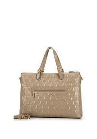Beżowa, fakturowana skórzana torebka z dwiema górnymi rączkami, złotymi akcentami, zapinaną na zamek przednią kieszenią oraz odpinanym paskiem na ramię.