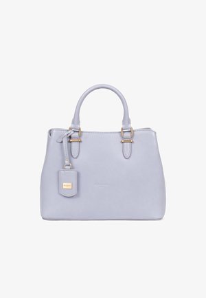 Borsa a tracolla in pelle lavanda chiaro con due manici superiori, hardware in tonalità oro e un'etichetta removibile. Presenta una texture liscia e una forma strutturata.