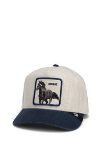 Gorra de béisbol con una parte superior de tela beige, visera azul marino y un gráfico de un caballo bordado dentro de un cuadrado en la parte frontal.