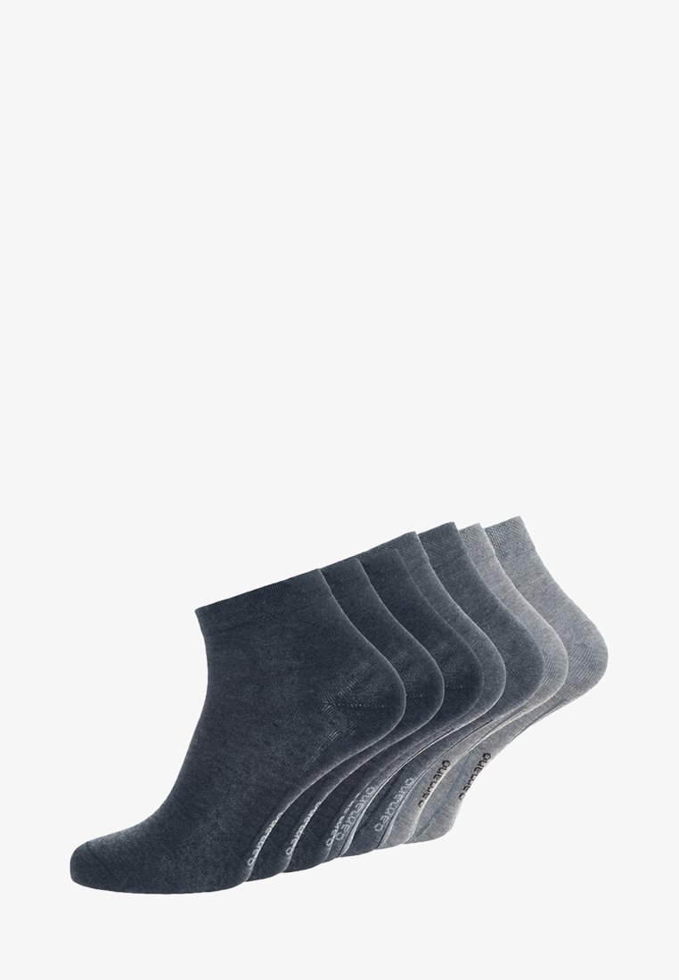 Set of five pairs of ankle-length socks in varying shades of gray, featuring a soft texture and elastic cuffs for a secure fit.