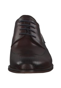 Braune Lederanzugschuhe mit glatter Oberfläche, runder Zehenform und durchbrochenen Details. Mit dunkelblauen Schnürsenkeln und einer glänzenden Sohle.