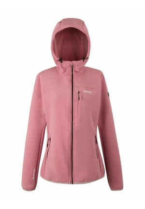 Różowa kurtka softshell z kapturem, z pełnym suwakiem z przodu, dwoma bocznymi kieszeniami na suwak oraz jedną kieszenią na suwak na piersi, zaprojektowana do użytku na zewnątrz.