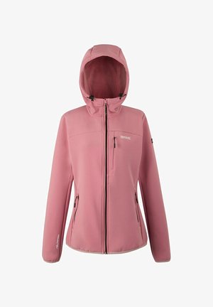 Chaqueta softshell rosa con capucha, cremallera completa en la parte delantera, dos bolsillos laterales con cremallera y un bolsillo en el pecho con cremallera, diseñada para uso al aire libre.