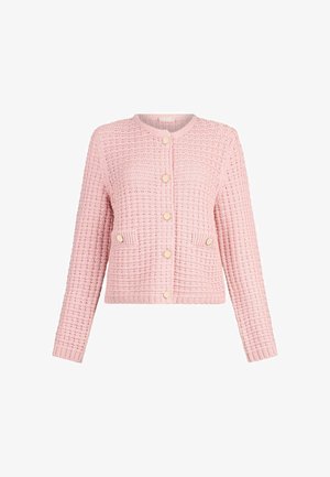 Ružový pletený kardigán s dlhými rukávmi, okrúhlym výstrihom, prednými gombíkmi a dvoma malými vreckami na gombíky.