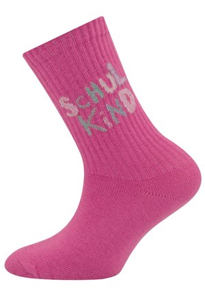 Rosa Baumwollsocke mit einem gerippten Design und dem Text "SCHUL KIND" in hellen Farben an der Seite. Glatte Textur und Knöchelhöhe.