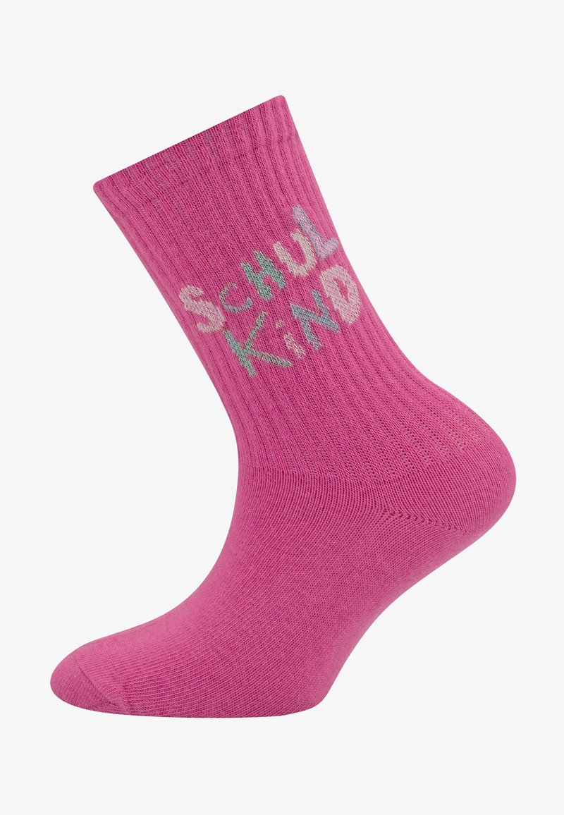 Rosa Baumwollsocke mit einem gerippten Design und dem Text "SCHUL KIND" in hellen Farben an der Seite. Glatte Textur und Knöchelhöhe.