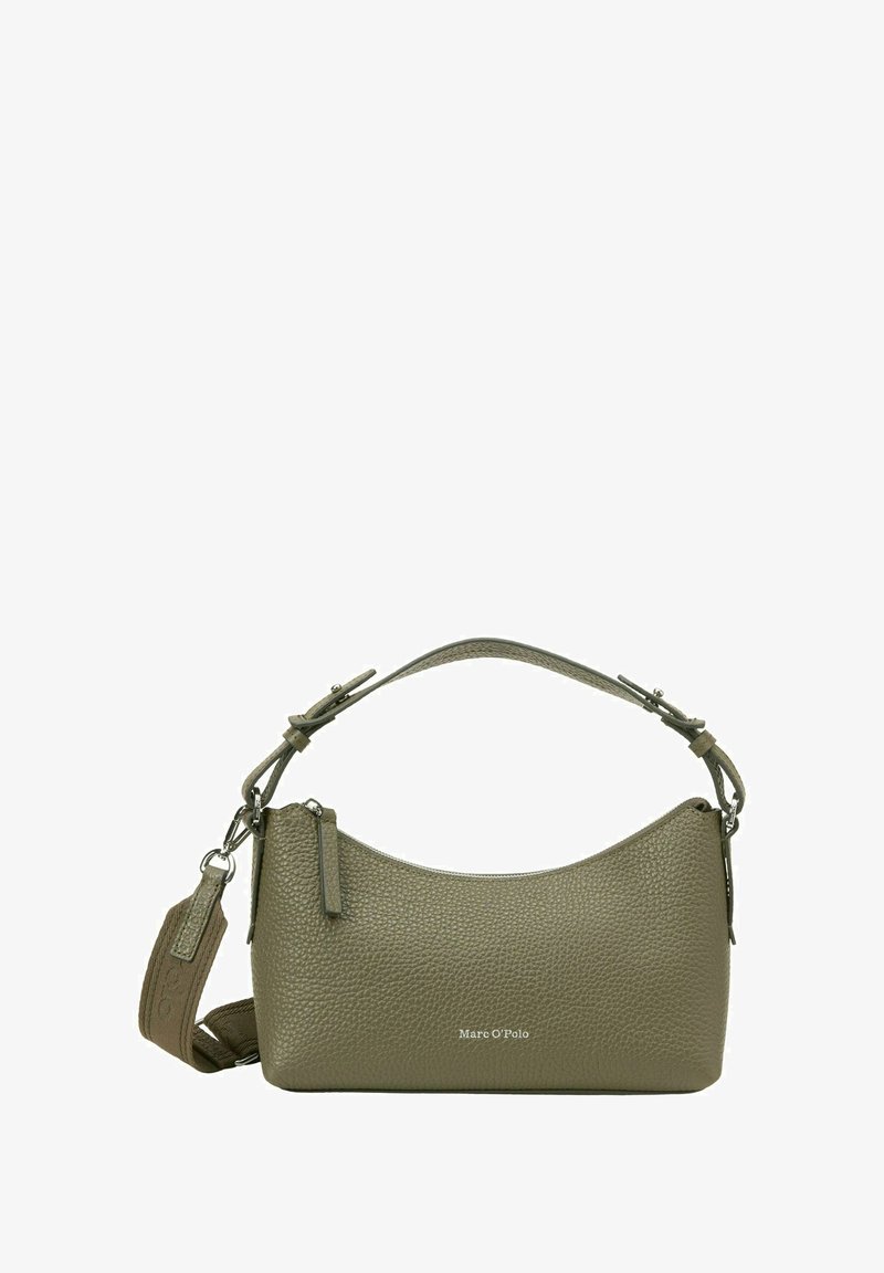 Olijfgroene, gestructureerde leren handtas met verstelbare schouderband, rits aan de bovenkant en het "Marc O'Polo" logo aan de voorkant.