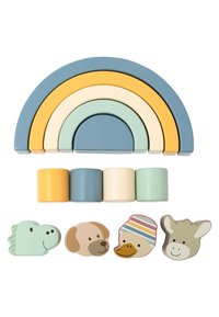 Wooden rainbow stacking toy with blue, yellow, green, and cream arcs. Four circular blocks and animal figures: a dinosaur, dog, duck, and donkey.