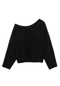 Črni skrajšani pulover z dolgimi rokavi, znižanim ovratnikom, gladko teksturo in brezšivno zasnovo. Primeren za sproščeno nošenje.