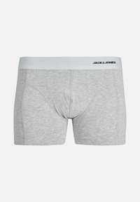 Gray cotton boxer briefs with a light blue elastic waistband, featuring a logo printed in black. Smooth texture and fitted design.