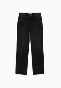 Jean noir droit avec cinq poches, fermeture à boutons et passants pour ceinture, posé à plat sur un fond blanc.