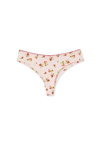 Pinkfarbene Blumenslips mit kleinem roten Blumenmuster, weichem Stoff, schmalem Bund und dekorativer Naht entlang des oberen Randes.