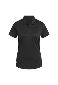 Černé polo tričko s krátkým rukávem, plochým límcem, zapínáním na tři knoflíky a hladkým, jemným materiálem. Obsahuje logo umístěné blízko lemu.