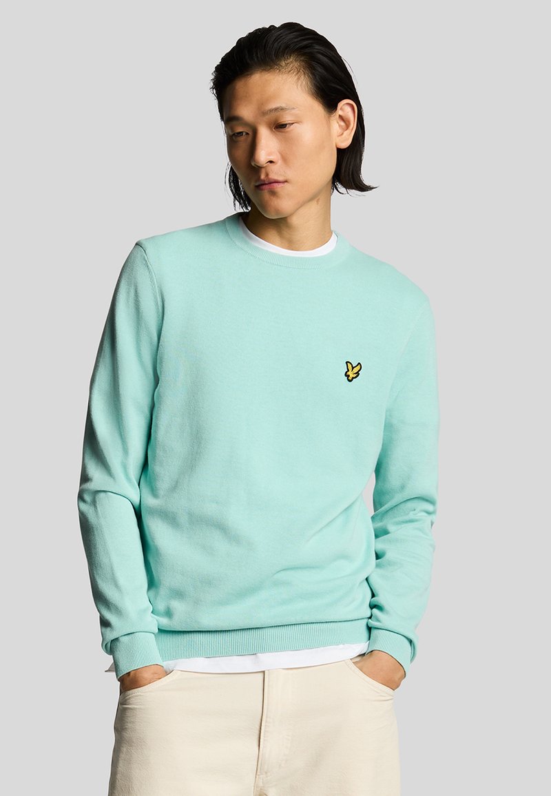 Sudadera verde menta de manga larga y cuello redondo. Presenta un pequeño logo amarillo bordado en el lado izquierdo del pecho. Textura suave.