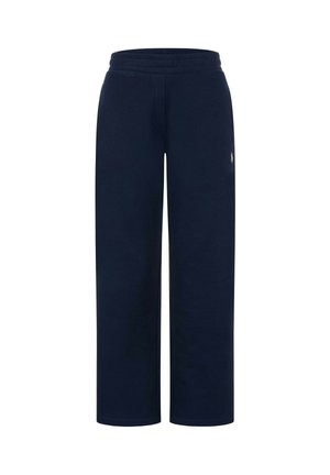 Navy blue wide-leg sweatpants with elastic waistband and small logo on the upper thigh, displayed on white background.