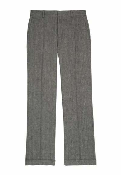 Pantaloni grigi a righe con taglio dritto, fronte plissettato e risvolti all'orlo. Realizzati in un tessuto testurizzato e con tasche laterali.